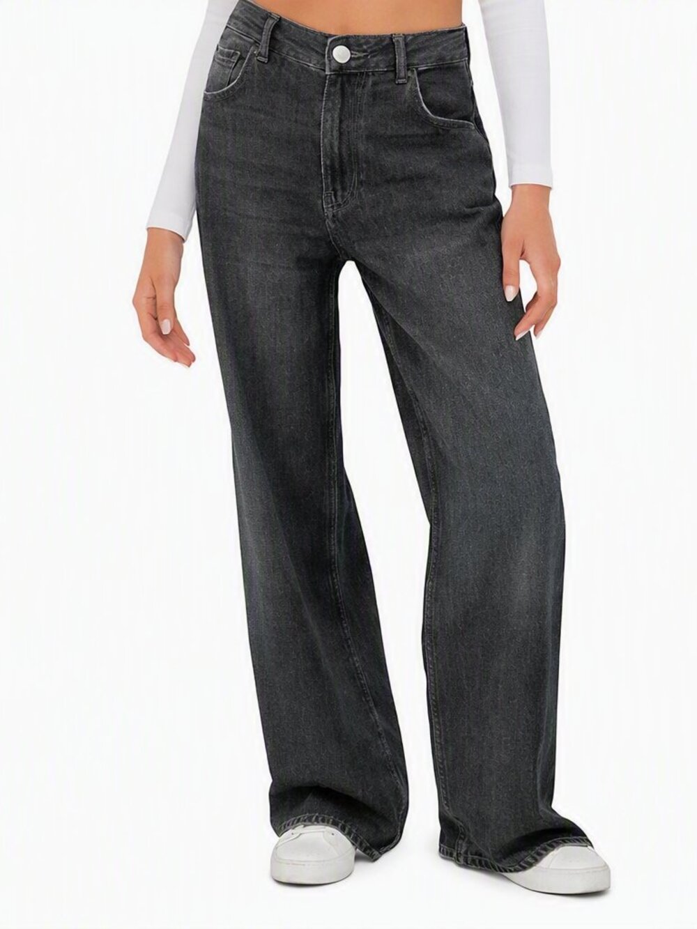WOMEN’S BLACK WIDE LEG HIGH RISE JEANS Denim Relaxed Fit Streetwear Minimalist